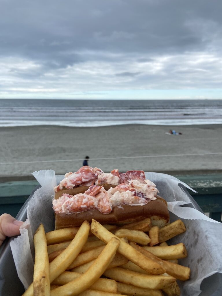 lobster roll on the beach on rhode island with a side of fries