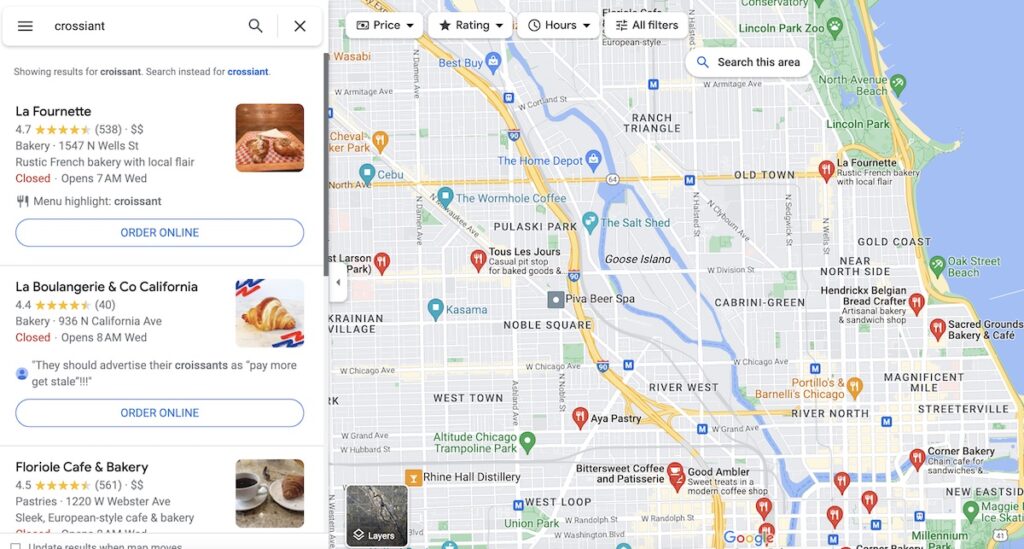 google maps how to find food