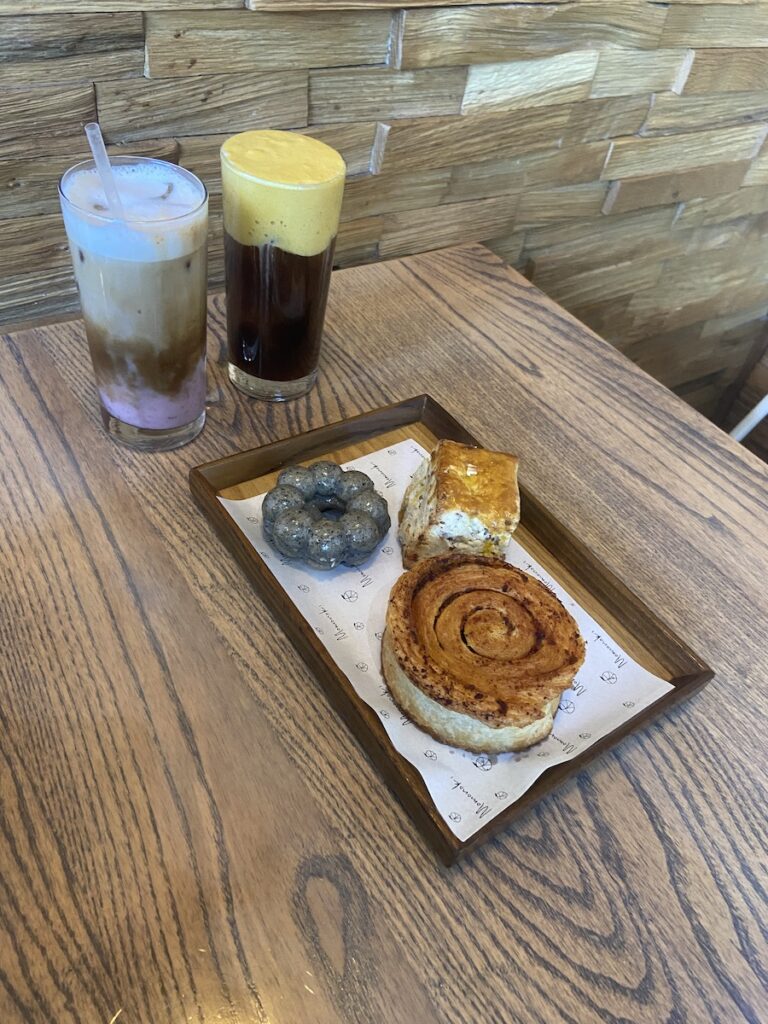 ube latte, espresso, mochi donutscone, sundried tomato swirl crossiant